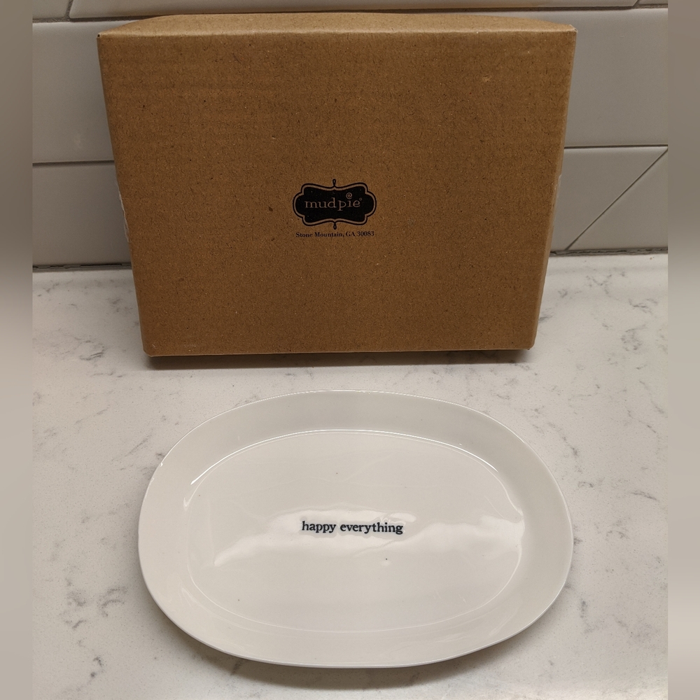 White Mud Pie happy everything ceramic oval trinket dish tray - NWOT